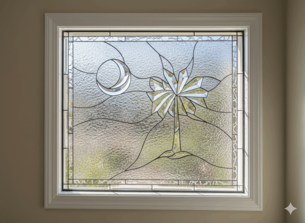 A rectangular leaded glass window featuring a stylized palmetto tree and a crescent moon, inspired by the South Carolina flag. The entire scene is crafted from a variety of clear textured, beveled, and iridescent glasses against a flowing, abstract background.
