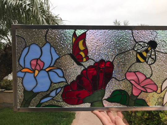 Beautiful! The "Butterfly, Bee & Flowers" Leaded Stained Glass Window