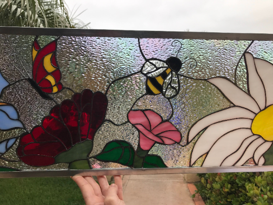 Beautiful! The "Butterfly, Bee & Flowers" Leaded Stained Glass Window
