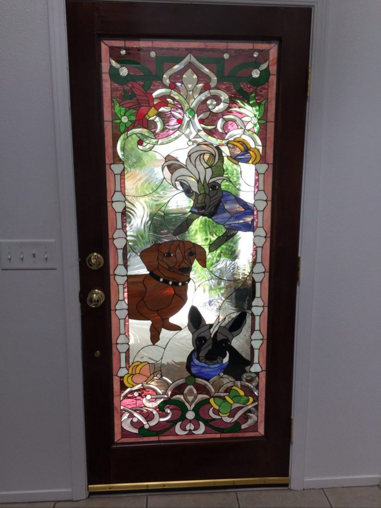 Custom Designed Stained & Beveled Glass Door of Client's Pets! (insulated within Clear Tempered Glass)