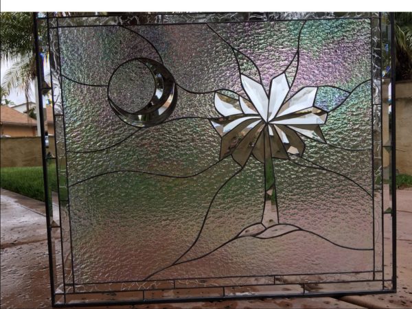 Wow! Palm Tree & Moon / South Carolina Flag Iridescent Clear textured stained beveled & Leaded glass window