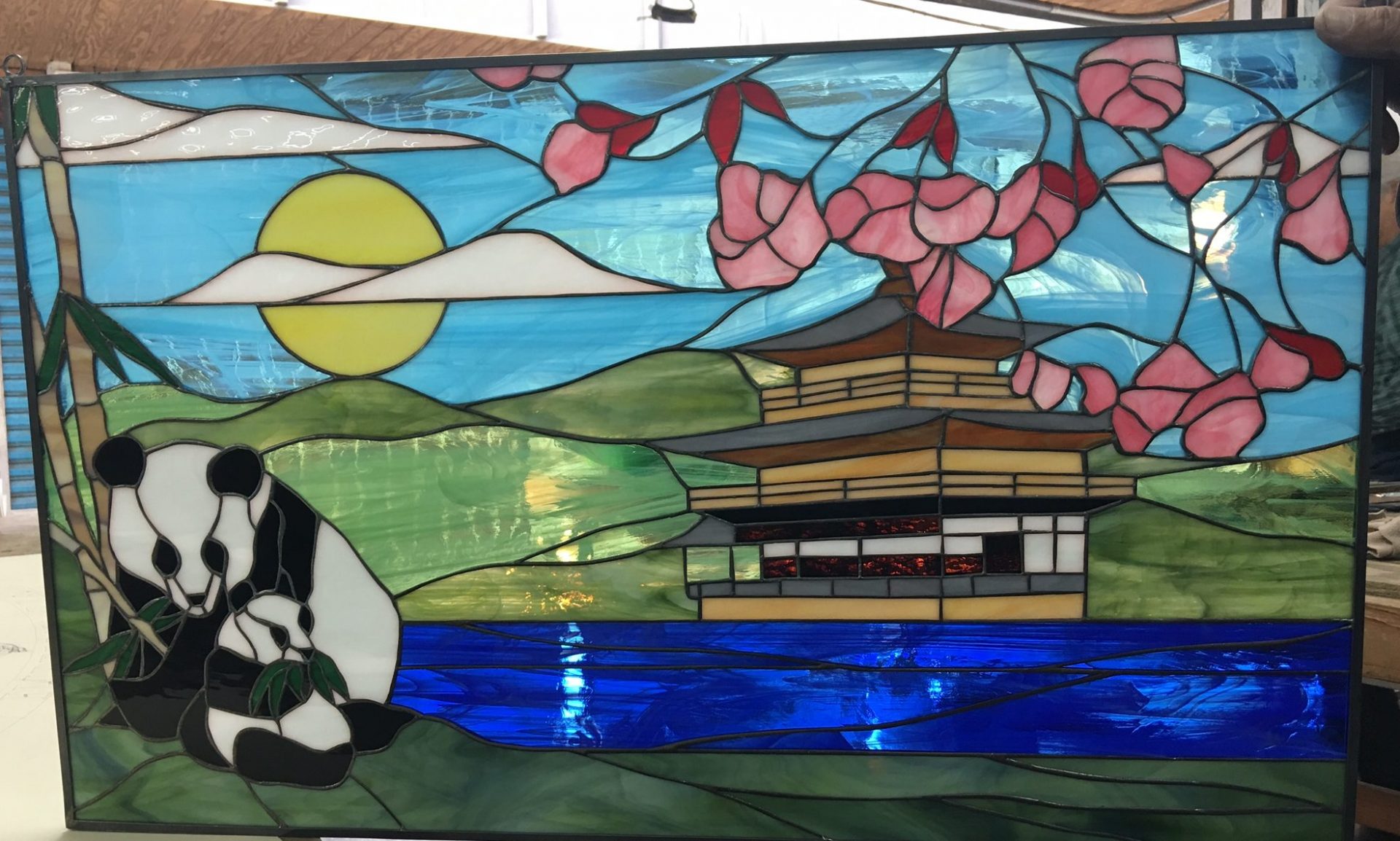 Beautiful Panda Bears Blossoms Pagoda Leaded Stained Glass Window