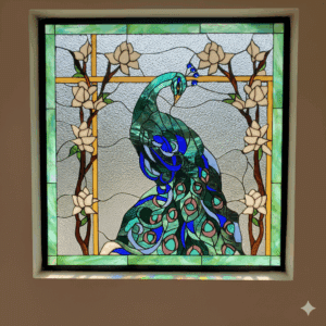 A square, leaded stained glass panel depicting a vibrant peacock in shades of teal, blue, and green, looking down to its left. It is framed on either side by branches with white magnolia-like flowers and green leaves. The background is clear textured glass, and the panel has a light green border.