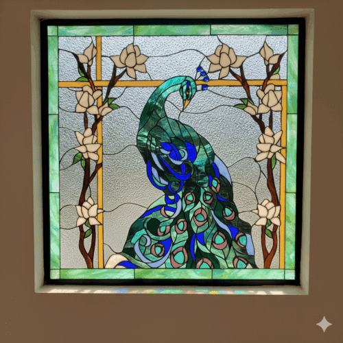 A square, leaded stained glass panel depicting a vibrant peacock in shades of teal, blue, and green, looking down to its left. It is framed on either side by branches with white magnolia-like flowers and green leaves. The background is clear textured glass, and the panel has a light green border.
