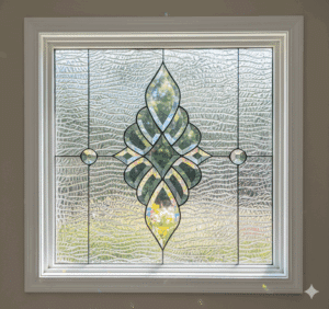 A square leaded glass window featuring a large, symmetrical beveled cluster as its centerpiece. The ornate cluster is composed of flowing, organic shapes and is flanked by two circular bevels, all set against a heavily textured clear glass background.