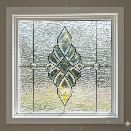 A square leaded glass window featuring a large, symmetrical beveled cluster as its centerpiece. The ornate cluster is composed of flowing, organic shapes and is flanked by two circular bevels, all set against a heavily textured clear glass background.