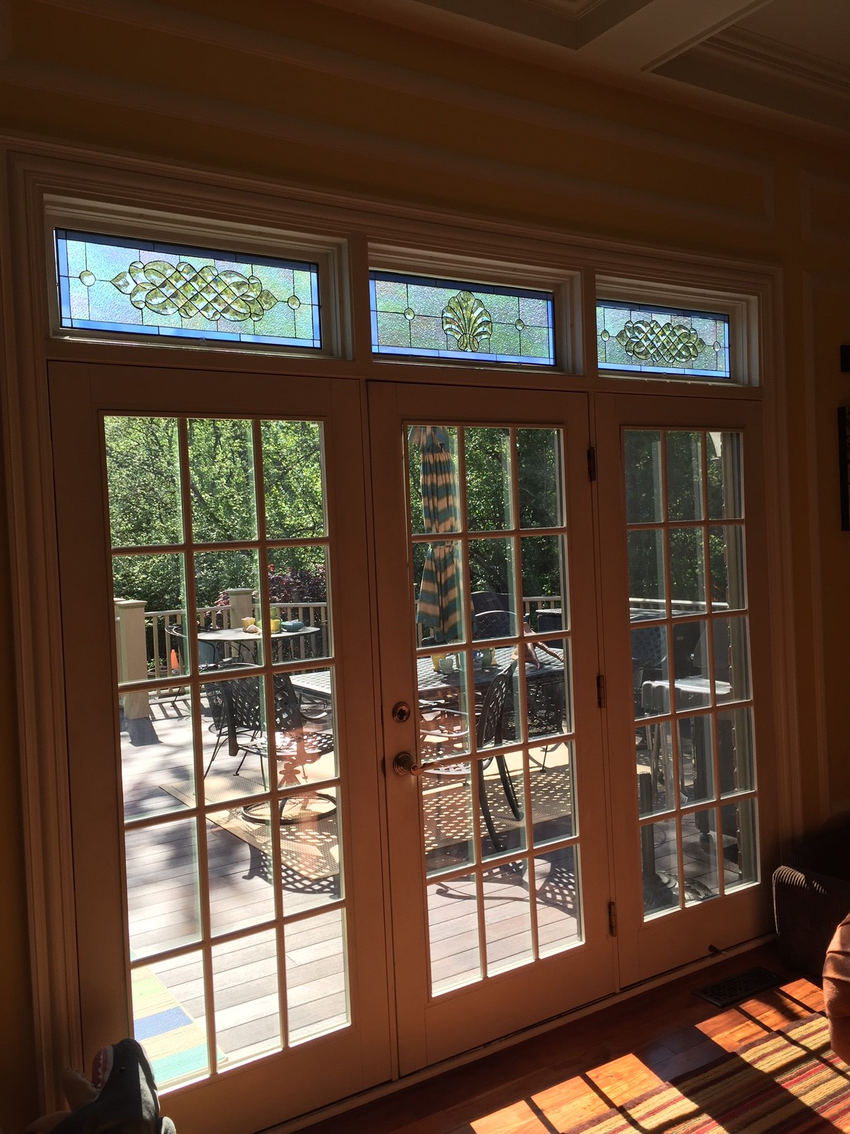 Three Transom Windows Accented With All Clear Beveled Shell & Stained Glass Inserts (After)