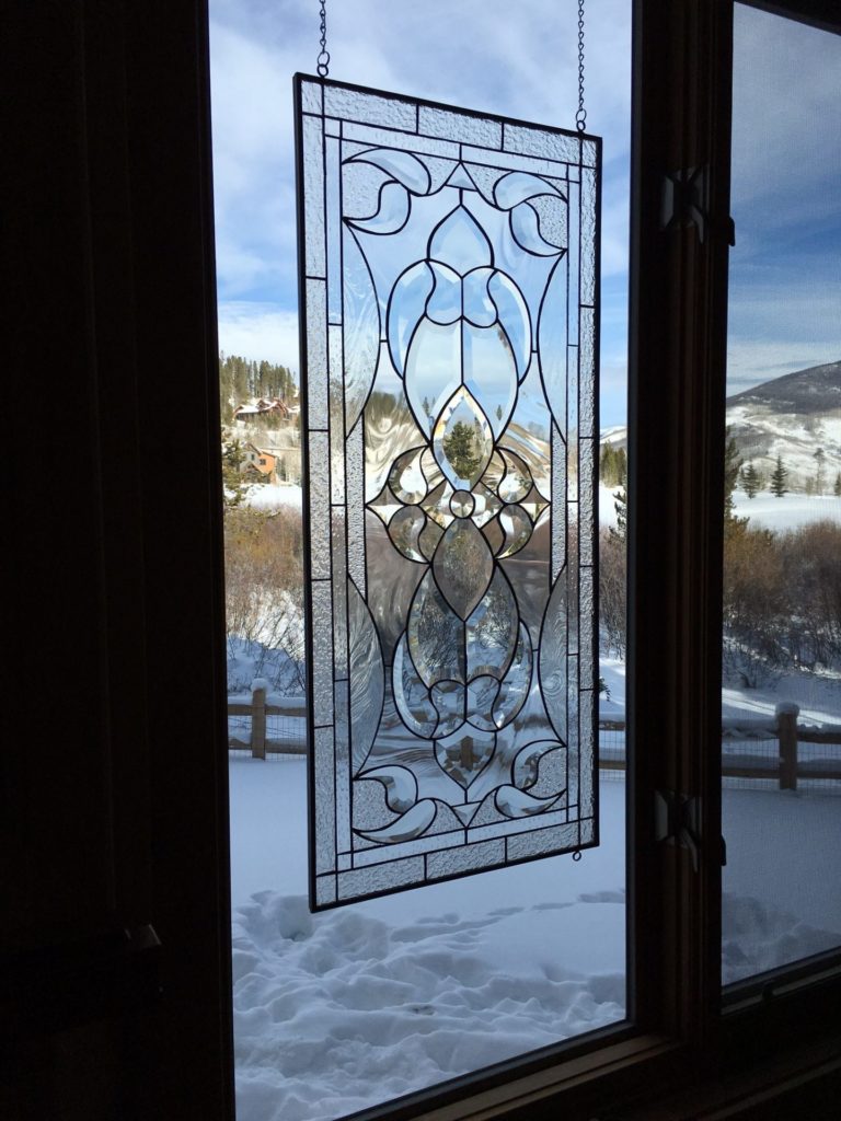 All clear beveled & textured Glass leaded stained glass window panel hung with chains and hooks