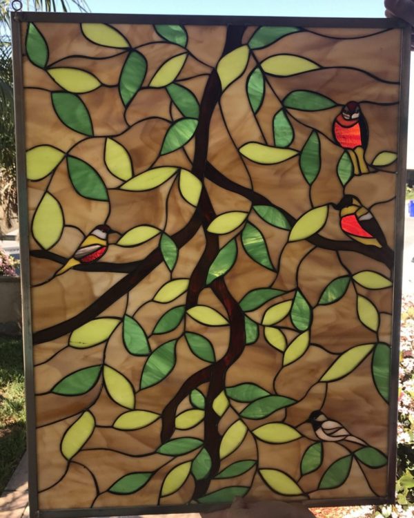 Gorgeous!! Leaded Stained Glass Magnolia Leaves & Birds Window Panel