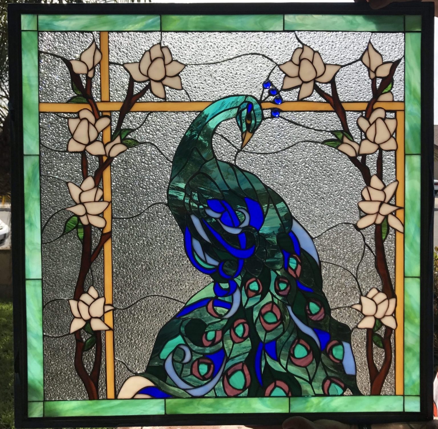 Magnificent Peacock & Magnolia Flowers Leaded Stained Glass Window Panel