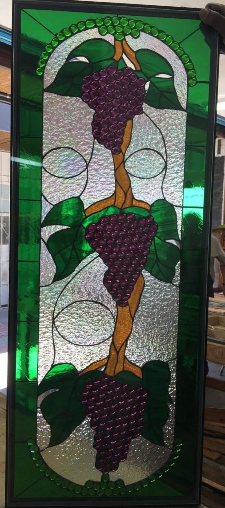 Exquisite! Jeweled Grape Cluster Trio Leaded Stained Glass Window Panel
