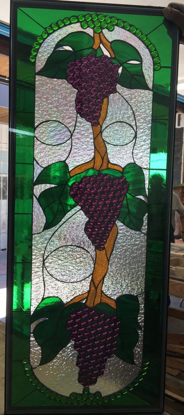Exquisite! Jeweled Grape Cluster Trio Leaded Stained Glass Window Panel