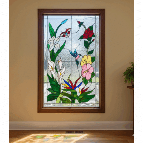A rectangular leaded stained glass panel depicting a vibrant tropical garden scene with white calla lilies, pink and yellow hibiscus, a red rose, bird of paradise flowers, a blue hummingbird, and a red butterfly, set against a textured clear glass background within a wooden frame.