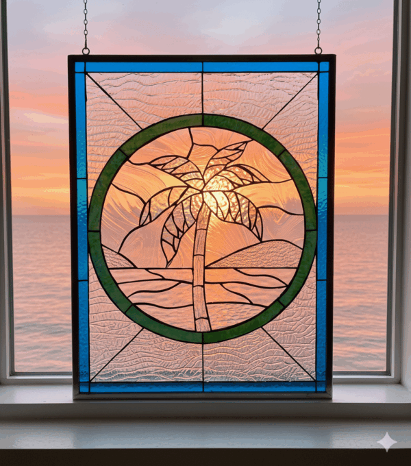 A rectangular stained glass panel depicting a coastal scene. A central green circle frames a stylized palm tree on a beach, crafted from clear, iridescent, and textured glass. The entire piece is bordered with vibrant blue textured glass.