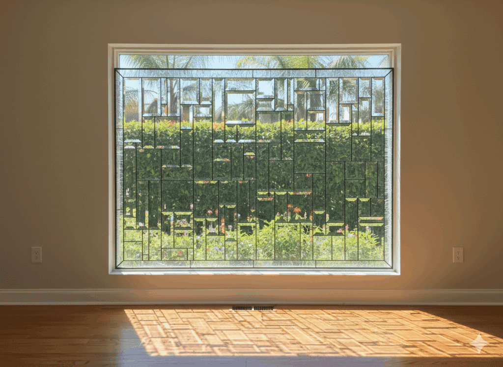 A large, rectangular leaded glass window featuring a complex and abstract geometric pattern. The entire panel is meticulously constructed from hundreds of clear, beveled glass rectangles and squares in a non-repeating mosaic design.