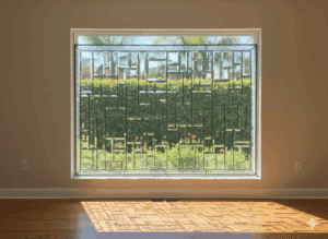 A large, rectangular leaded glass window featuring a complex and abstract geometric pattern. The entire panel is meticulously constructed from hundreds of clear, beveled glass rectangles and squares in a non-repeating mosaic design.