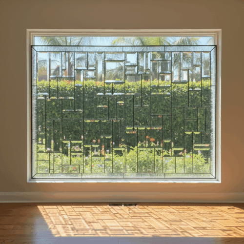 A large, rectangular leaded glass window featuring a complex and abstract geometric pattern. The entire panel is meticulously constructed from hundreds of clear, beveled glass rectangles and squares in a non-repeating mosaic design.
