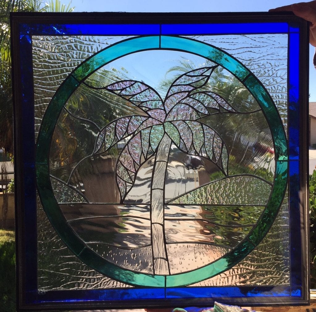 So Pretty! Iridescent Palm Tree Leaded Stained Glass Leaded Window Panel