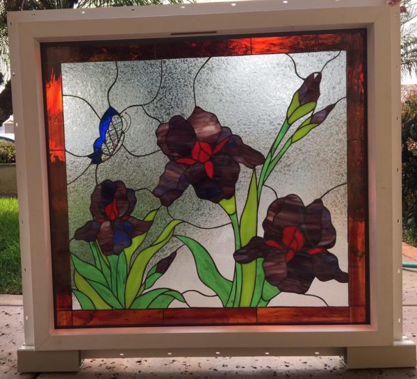 Vinyl Framed, Insulated, and install Ready! Magnificent Butterfly & Iris Leaded Stained Glass Window