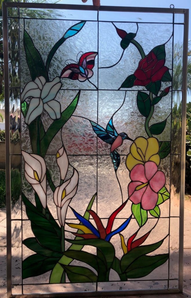 Elegant! Hummingbird, Butterfly & Flowers Leaded Stained Glass Window Panel