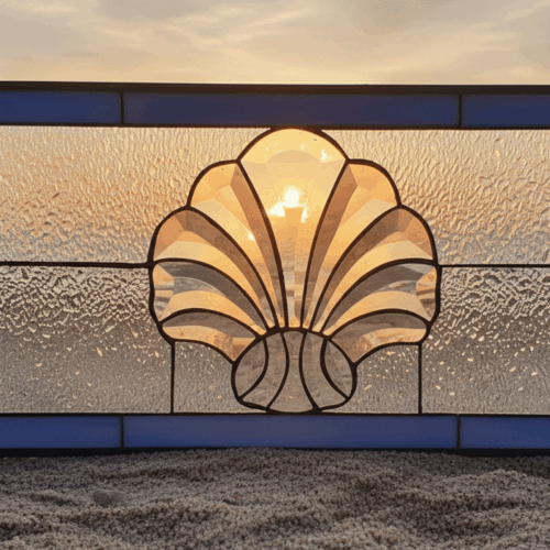A rectangular transom-style leaded glass window with a symmetrical, coastal design. The centerpiece is a large scallop shell made of beveled glass, flanked by two clear, circular glass jewels. The design is set on a textured clear background and framed with a blue border.