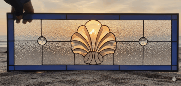 A rectangular transom-style leaded glass window with a symmetrical, coastal design. The centerpiece is a large scallop shell made of beveled glass, flanked by two clear, circular glass jewels. The design is set on a textured clear background and framed with a blue border.