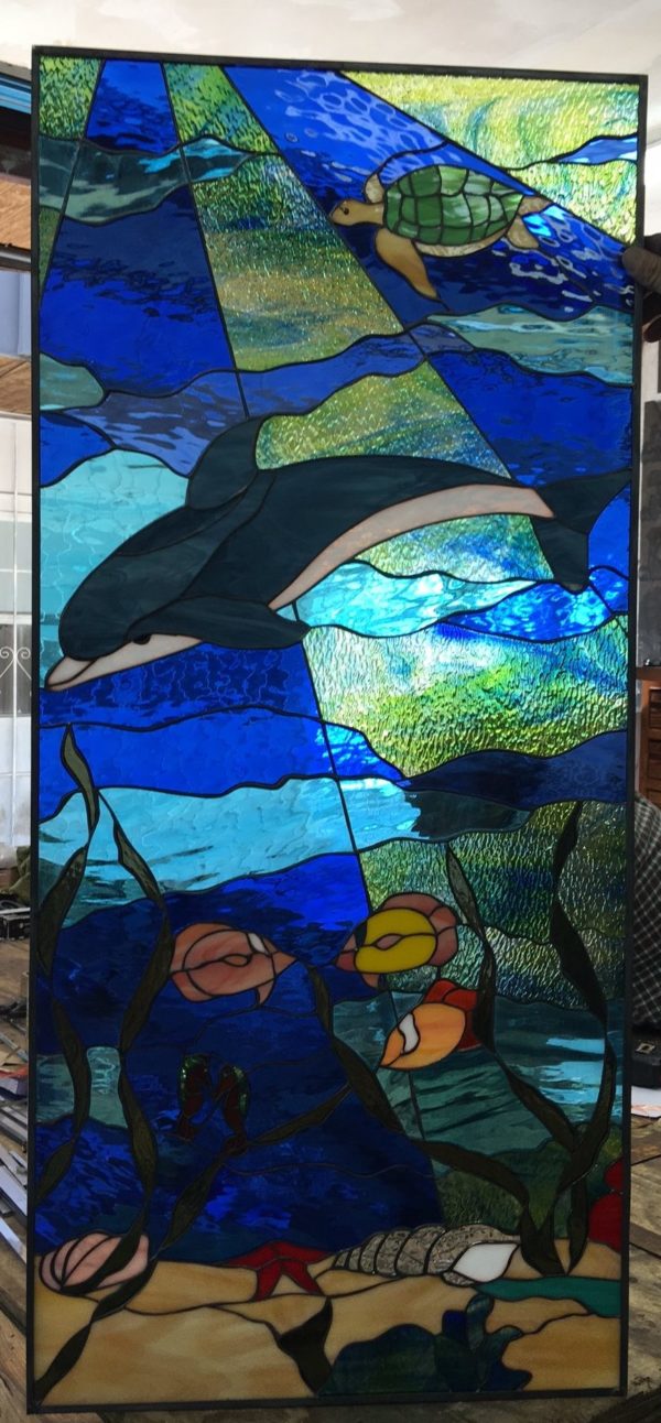 Sea Turtle, Fish, and Seashells Leaded Stained Glass Panel