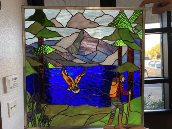 Hiker, Mountains & Lake Leaded Stained Glass Window Panel