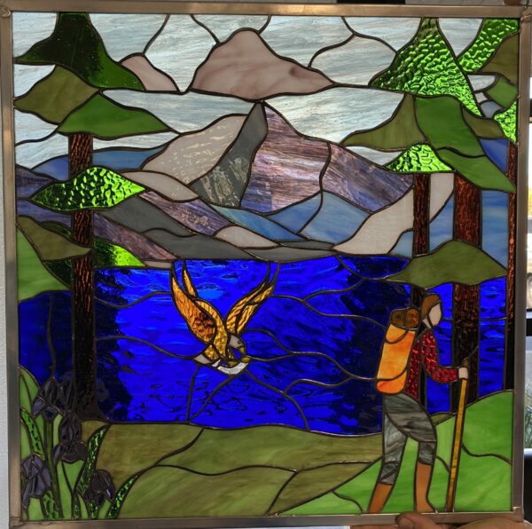 Hiker, Mountains & Lake Leaded Stained Glass Window Panel