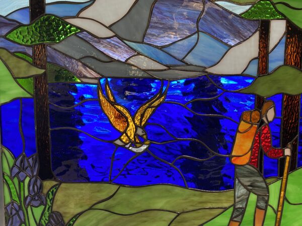 Hiker, Mountains & Lake Leaded Stained Glass Window Panel