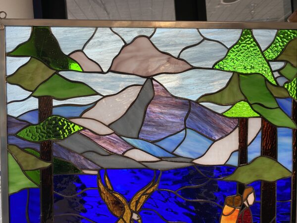 Hiker, Mountains & Lake Leaded Stained Glass Window Panel