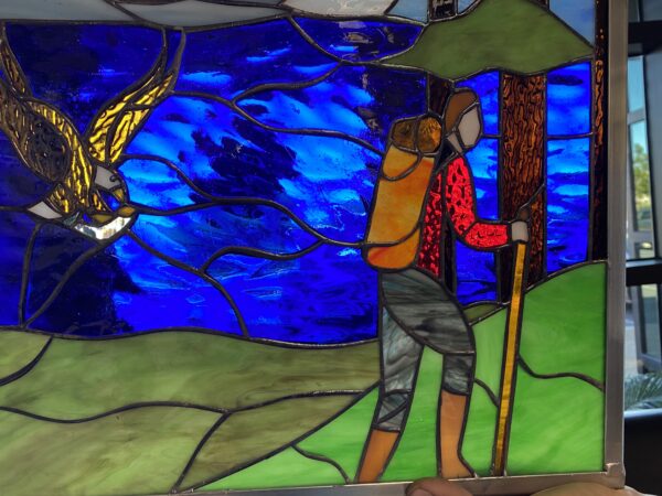Hiker, Mountains & Lake Leaded Stained Glass Window Panel