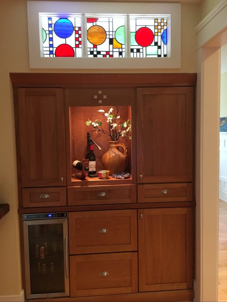 Mission Prairie Style stained glass panel held in place with quarter -round