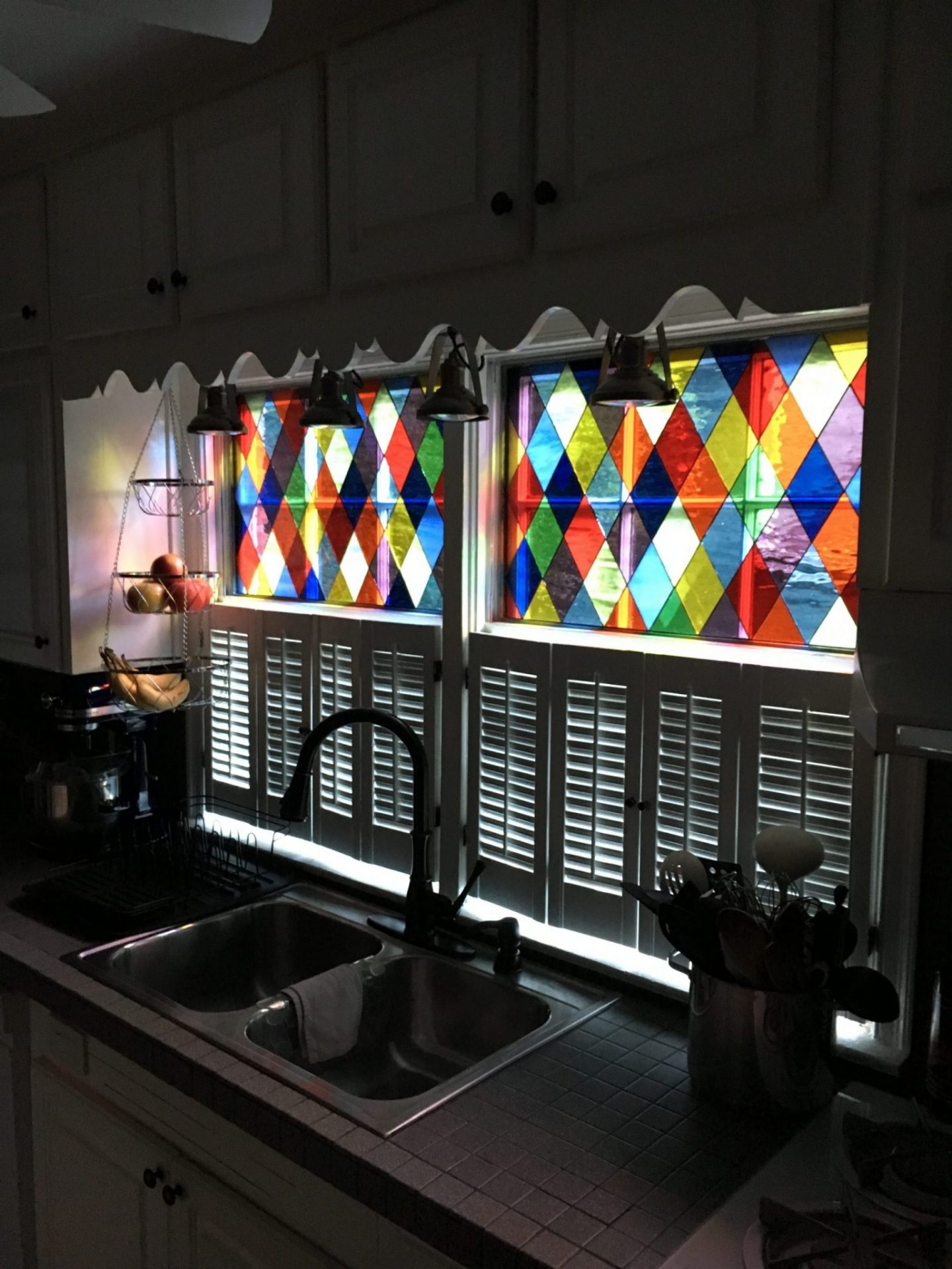 Traditional Harlequin Colored Diamonds Stained Leaded Glass Window Panels