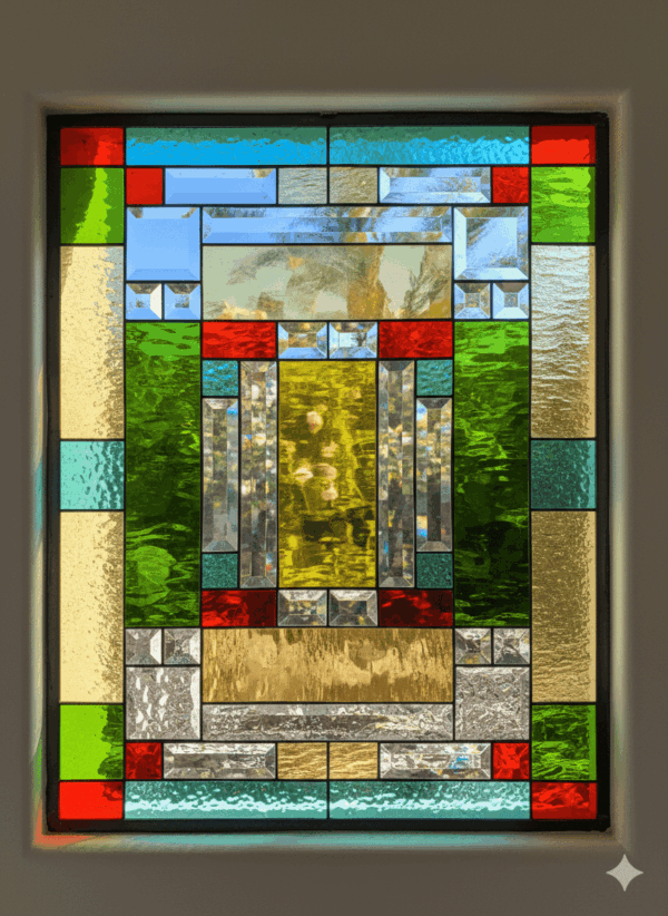 A rectangular Mission style leaded glass window with a symmetrical, geometric design. The architectural pattern is composed of numerous clear beveled glass pieces alongside textured colored glass in shades of green, red, blue, and gold.