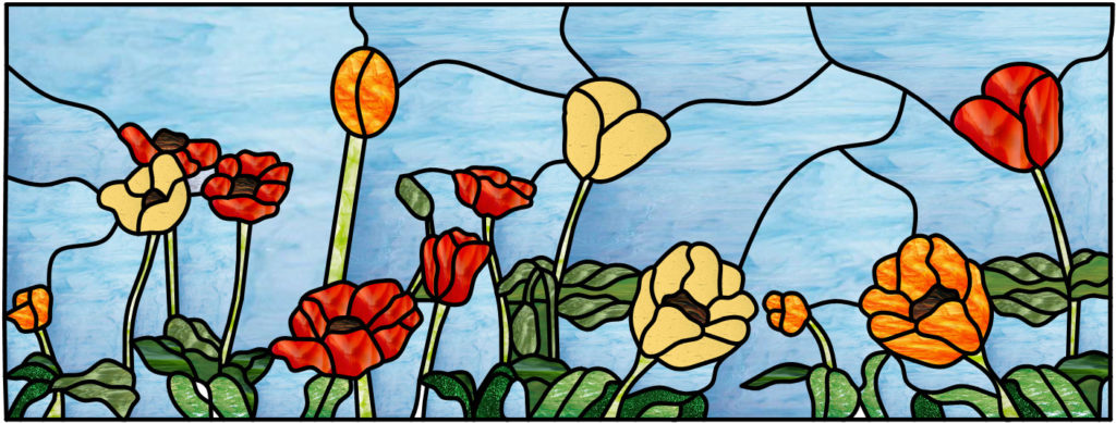 Colorful! &ldquo;Poppy/Poppies&rdquo; Leaded Stained Glass Window Panel