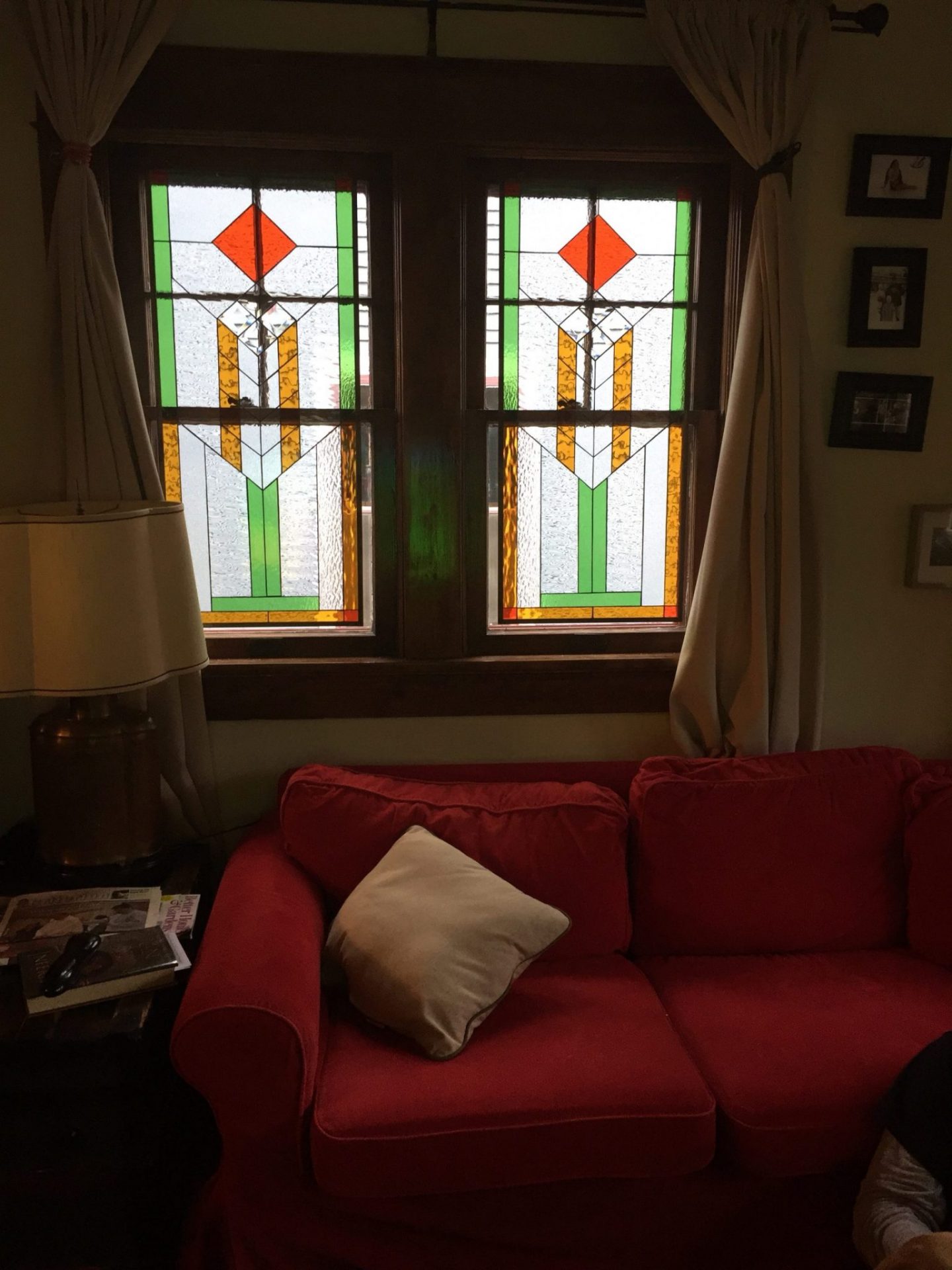 Two Prairie Mission Style Stained Glass Panels Hung Within Two Windows