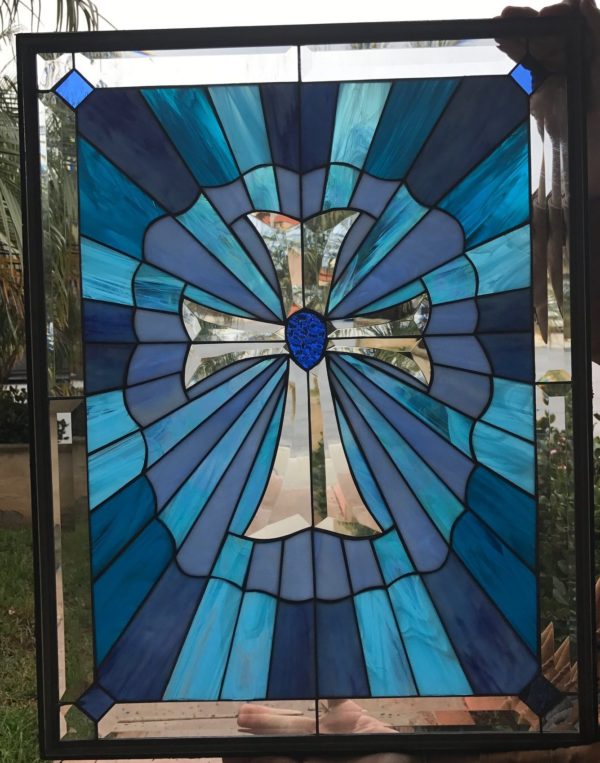 Beautiful Blue Cross Stained Glass Window Panel
