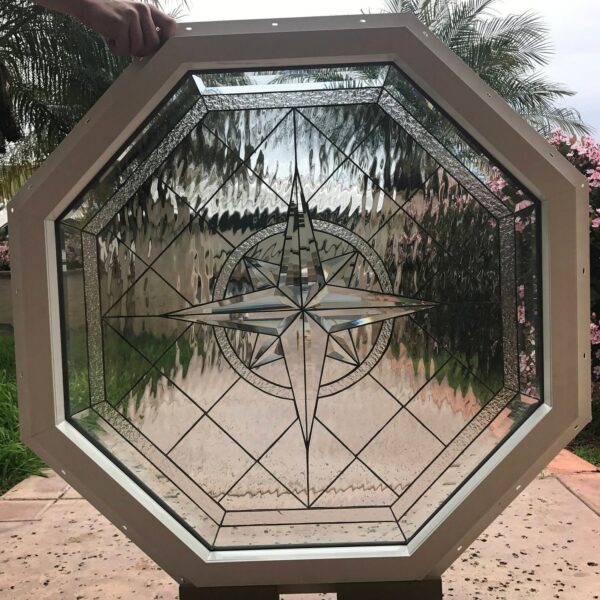 Compass Rose Stained Glass Window Insert Panel - Vinyl Framed and Insulated