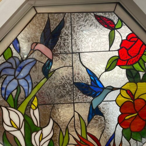 Octagonal Hummingbird Paradise Stained Glass Window Insert Panel