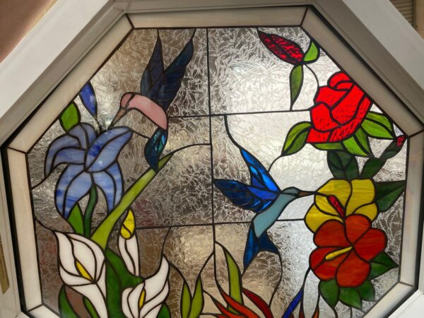 Octagonal Hummingbird Paradise Stained Glass Window Insert Panel - Vinyl Framed and Insulated