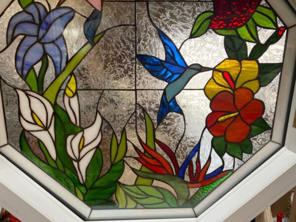 Octagonal Hummingbird Paradise Stained Glass Window Insert Panel - Vinyl Framed and Insulated