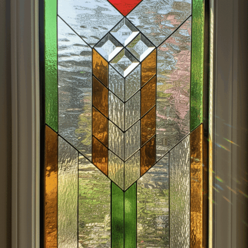 A rectangular Prairie Mission style leaded glass window. The symmetrical, geometric design features a central column of clear bevels and green glass, flanked by amber glass, and topped with a single red diamond accent, all on a clear textured background.