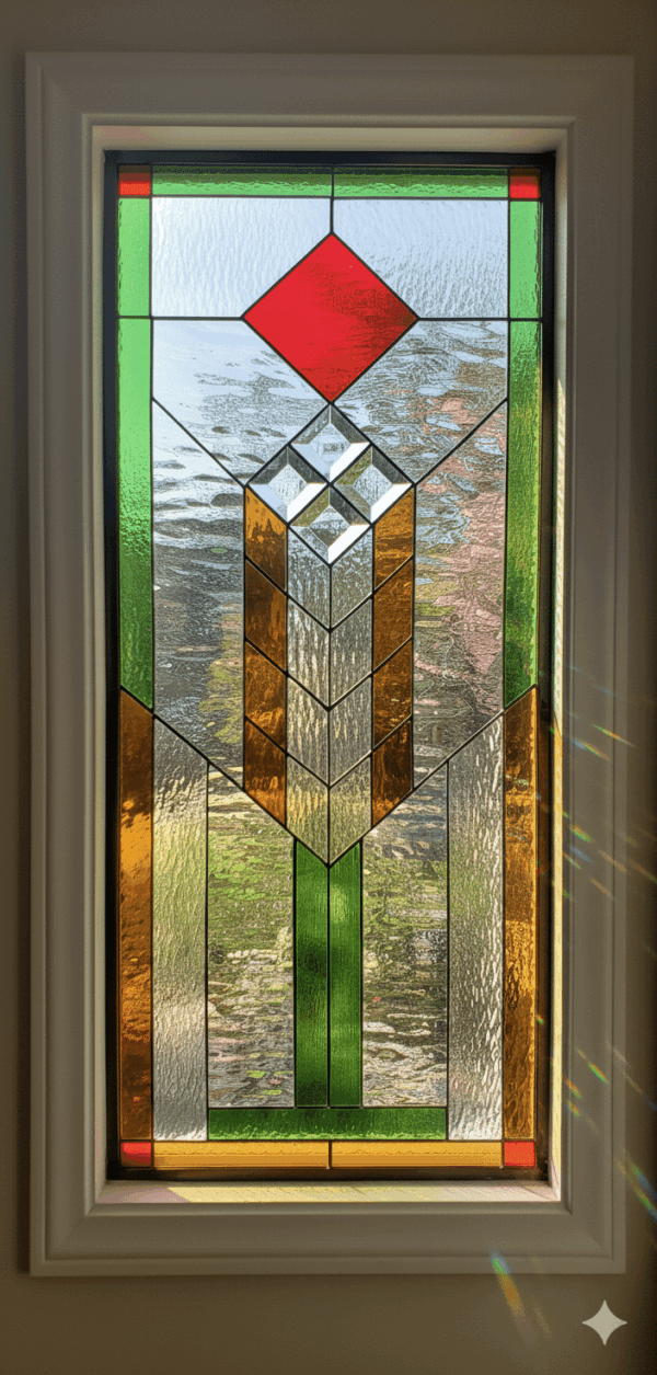 A rectangular Prairie Mission style leaded glass window. The symmetrical, geometric design features a central column of clear bevels and green glass, flanked by amber glass, and topped with a single red diamond accent, all on a clear textured background.