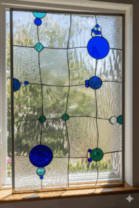 A rectangular, leaded stained glass panel with a grid of clear textured glass, accented by scattered blue and green circular and diamond-shaped pieces.