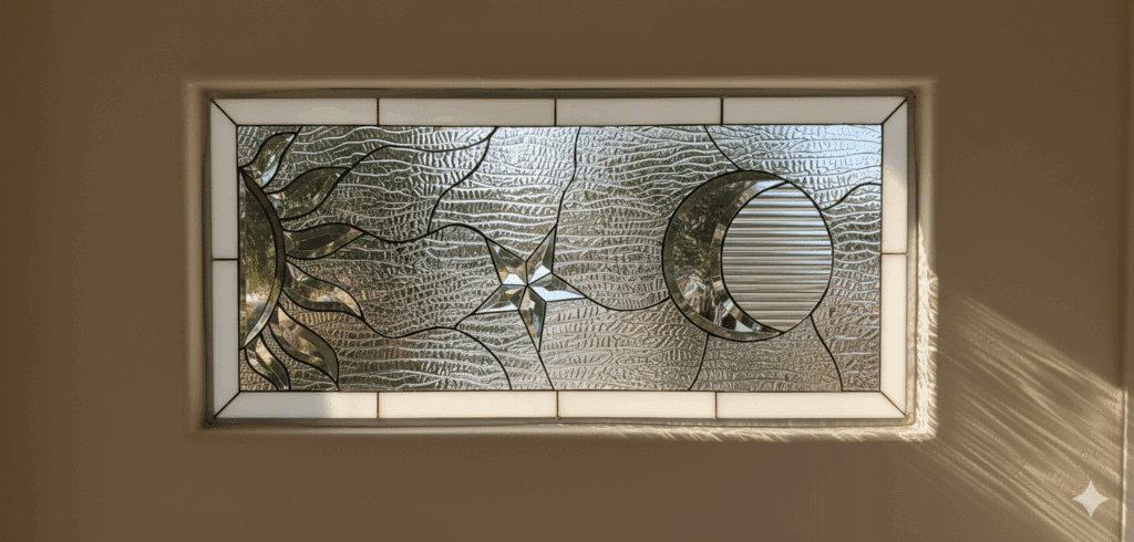 So Pretty! Crescent Moon, Sun & Star #1 Leaded Stained Glass Window Panel Or Cabinet Insert