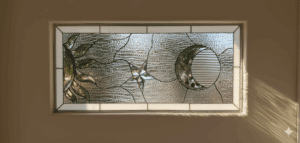 A rectangular leaded stained glass transom featuring a sun, star, and crescent moon crafted from clear textured glass and bevels.