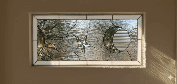 So Pretty! Crescent Moon, Sun & Star #1 Leaded Stained Glass Window Panel Or Cabinet Insert