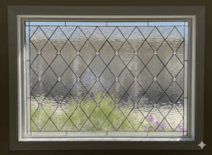 A rectangular leaded glass window with a classic diamond lattice pattern. The design is crafted from clear, textured privacy glass and is accented with small, circular, faceted glass jewels at the intersections of the lead lines.
