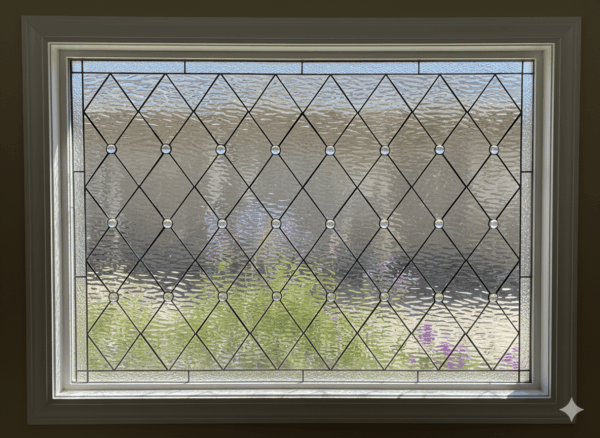 A rectangular leaded glass window with a classic diamond lattice pattern. The design is crafted from clear, textured privacy glass and is accented with small, circular, faceted glass jewels at the intersections of the lead lines.